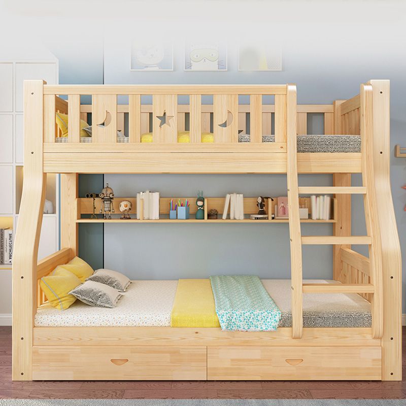 Contemporary Natural Solid Wood Bunk Bed with Built-In Ladder