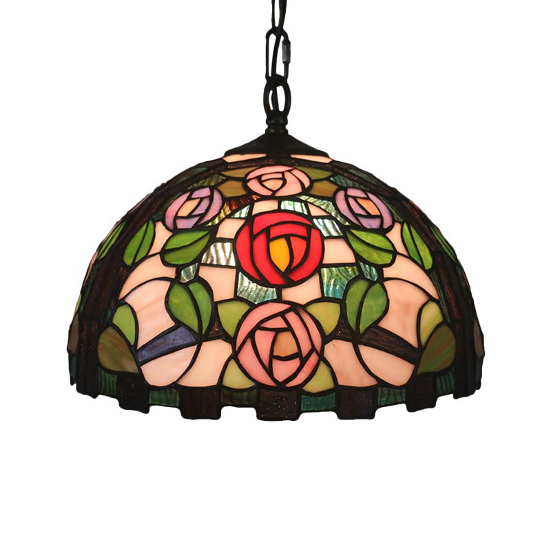 Green 1 Bulb Pendant Light Mediterranean Stained Glass Rose Patterned Ceiling Lamp with Dome Shade