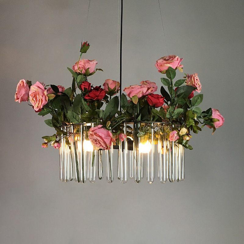 Tube Restaurant Chandelier Industrial Clear Glass 3 Heads Green Hanging Pendant Light with Artificial Rose Deco