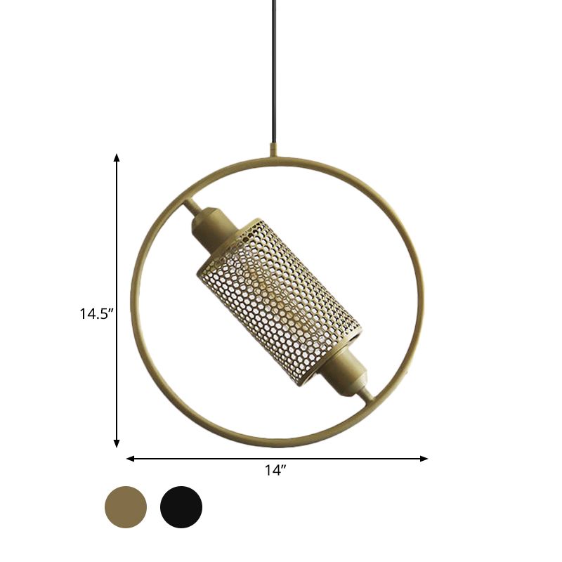 1 Glühbirne hängende Deckenleuchte Kolonialzylinder Metallgitter Anhängerlampe mit Ring in Schwarz/Gold, 14 "/18" breit