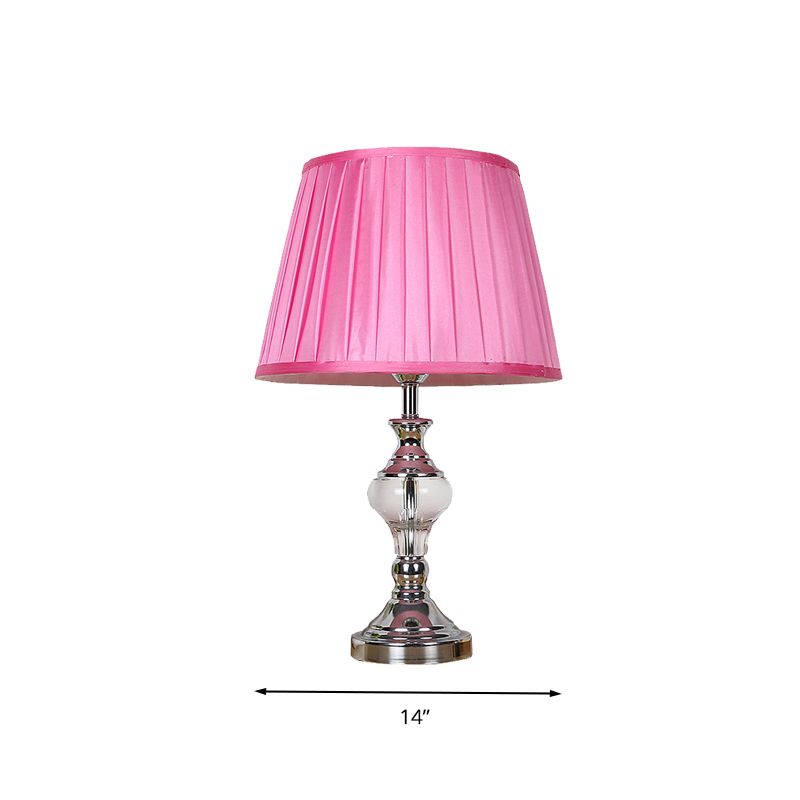 Single Bulb Fabric Night Lamp Rural Rose Red Barrel Shade Bedroom Nightstand Light with Crystal Accent