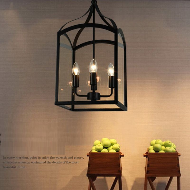 Black 4-Light Pendant Light in Industrial Classic Style Wrought Iron Hanging Lamp with Glass Shade