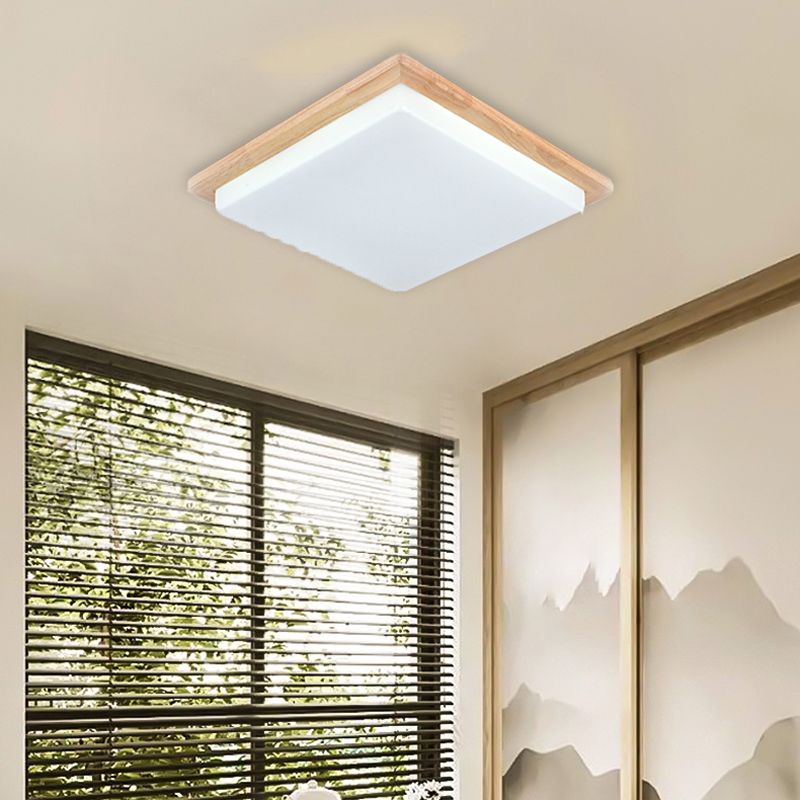 Modern LED Wood Flush Mount Geometric Shape Ceiling Light with Acrylic Shade for Bedroom