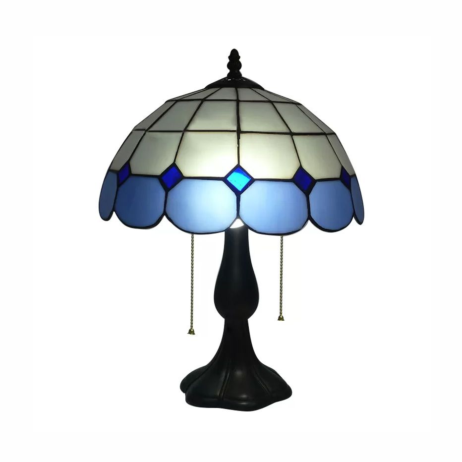 Traditional Dome Table Light with Grid Design Stained Glass 2 Lights Table Lighting in Blue/Yellow