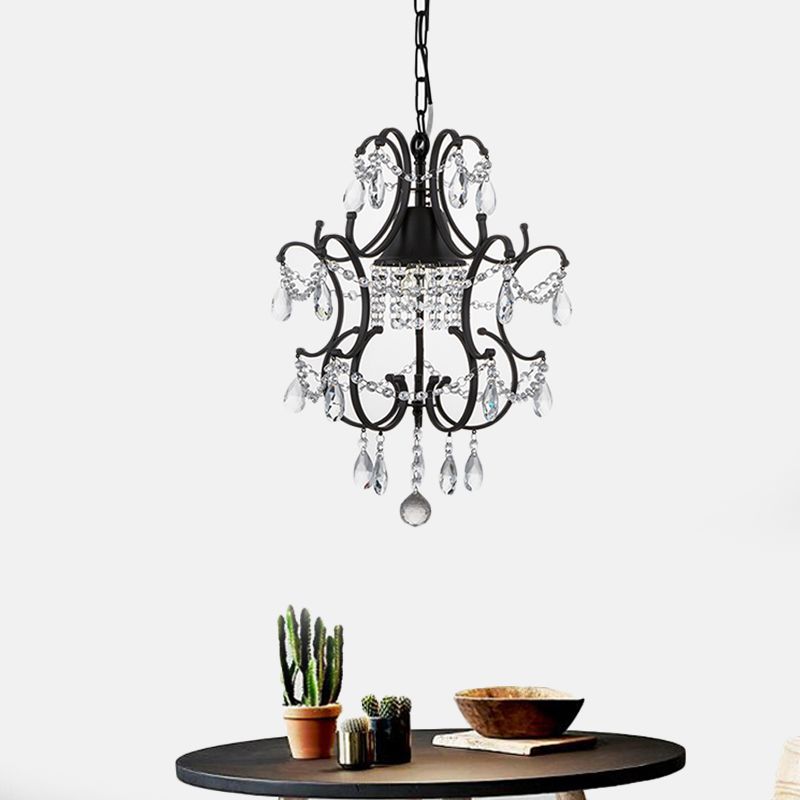 Lantern Pendant Light Fixture Vintage Iron Frame 1 Light Black Ceiling Light with Crystal Accent