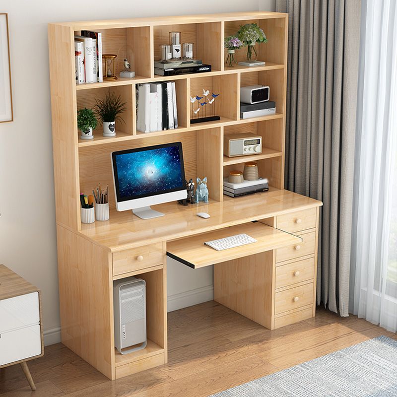 Computer Desk in Naturqal Solid Wood with 5 Drawers and Storage Shelves