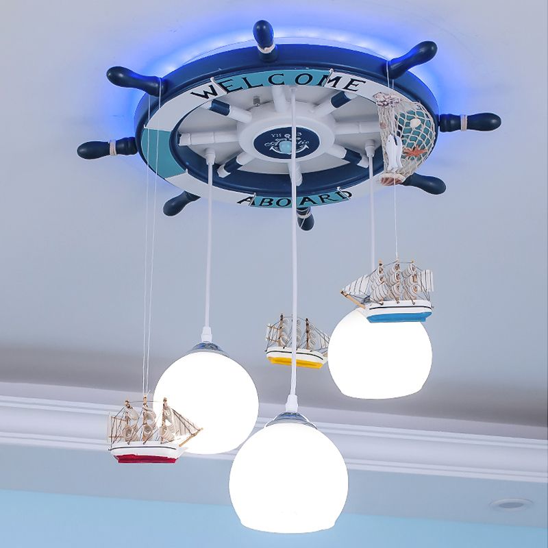 Globe Down Lighting Nautical Opaque Glass 3 Heads Nursery Multiple Lamp Pendant with Rudder Canopy in White