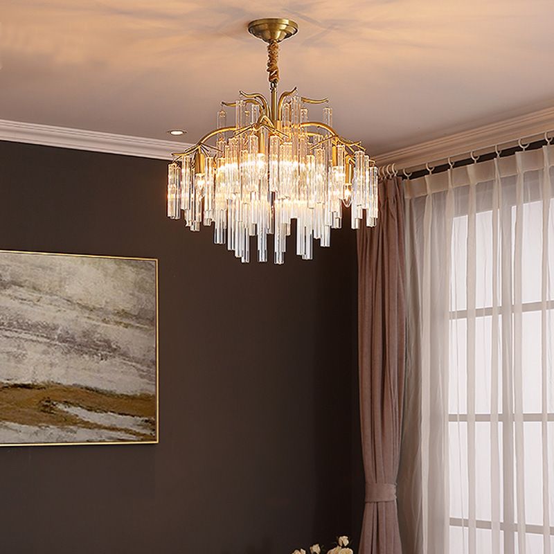 Gold Curved Arm Chandelier Light Postmodern 7 Heads Tri-Sided Crystal Rod Hanging Light Fixture