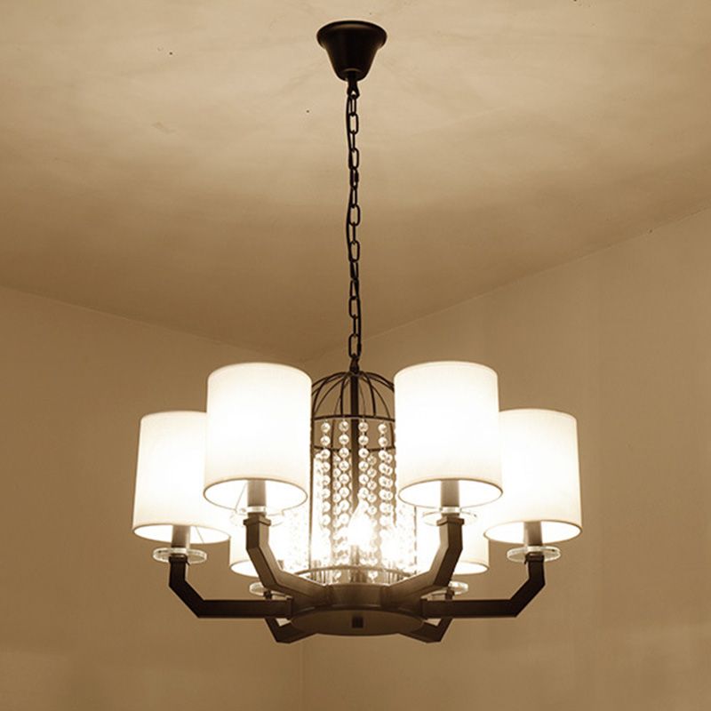 Minimalist Drum Crystal Chandelier Lighting 9/12 Lights Hanging Pendant with White Fabric Shade