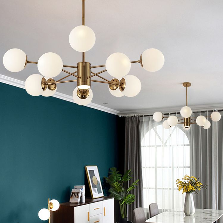 Milk White Glass Globe Shade Lighting 10 Light Chandelier with Spotlight Nordic Style Simplicity Lighting Pendant in Gold