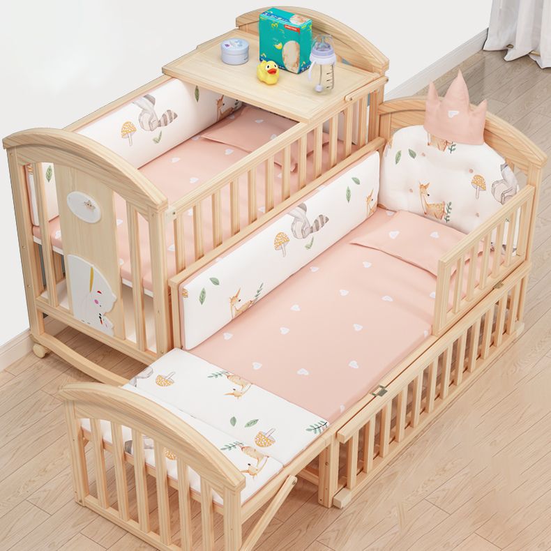 Pine Convertible Baby Crib Height Adjustable Crib with Guardrail