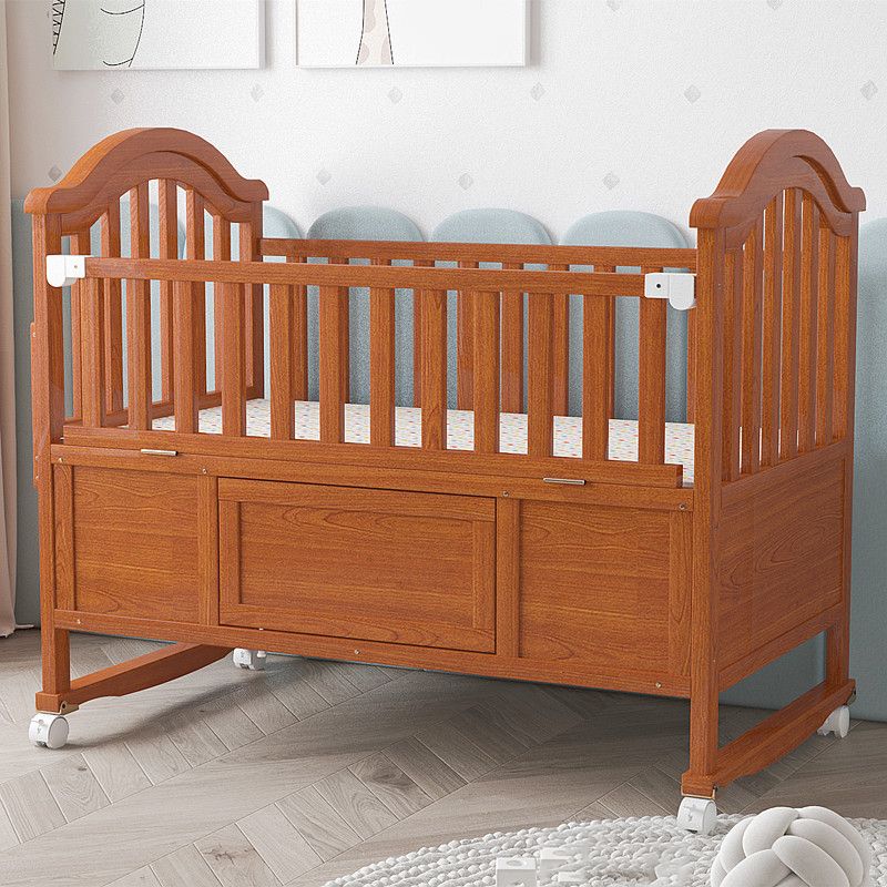 Wood Nursery Crib with Casters Modern Baby Crib with Guardrail