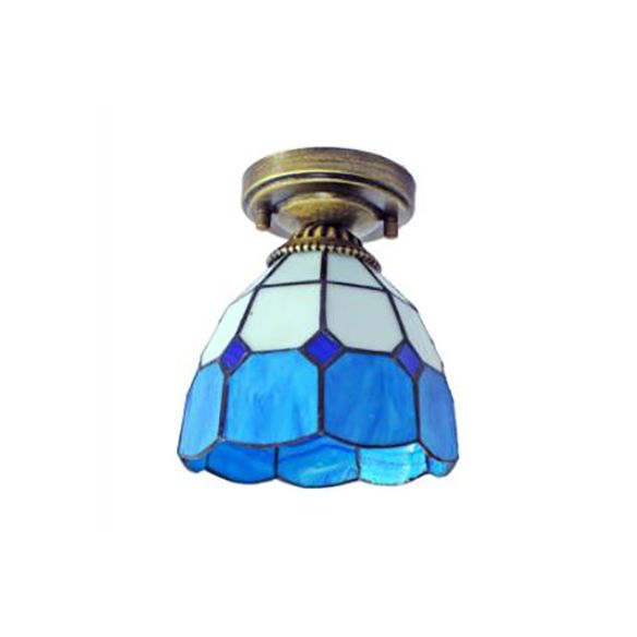 Stained Glass Dome Flush Light  with Triangle/Blue Square/Blue Leaf/Square/Blue Diamond/Diamond Parrern 1 Light Mediterranean Flushmount in Brass Finish