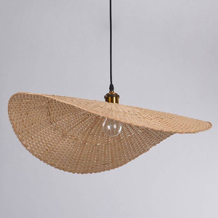 Beige Straw Hat Shape Hanging Lamp Kit Asian 1-Light Bamboo Ceiling Pendant Light for Dining Table