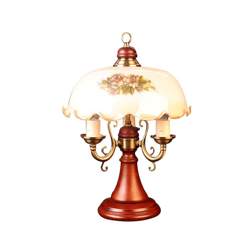 Candlestick Wooden Table Lamp American Flower 2 Bulbs Bedroom Night Stand Light in Red Brown with Wide Bowl Glass Shade