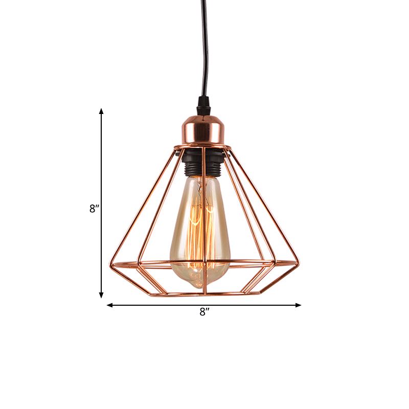 Iron Rose Gold Suspension Light Diamond Cage 1-Bulb Industrial Ceiling Pendant Lamp