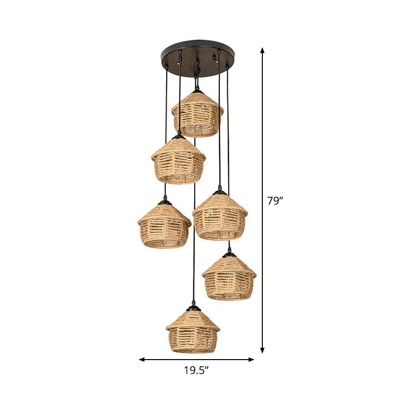 3/6 Lights Rope Cluster Pendant Rural Brown Barn Dining Room Ceiling Suspension Lamp with Round/Linear Canopy