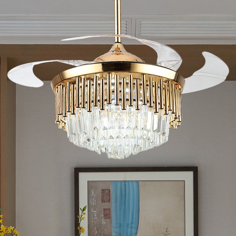 Black/Gold Layered Drum Fan Lamp Postmodern Crystal 3-Blade Dining Room LED Semi Flush Light, 19" Wide