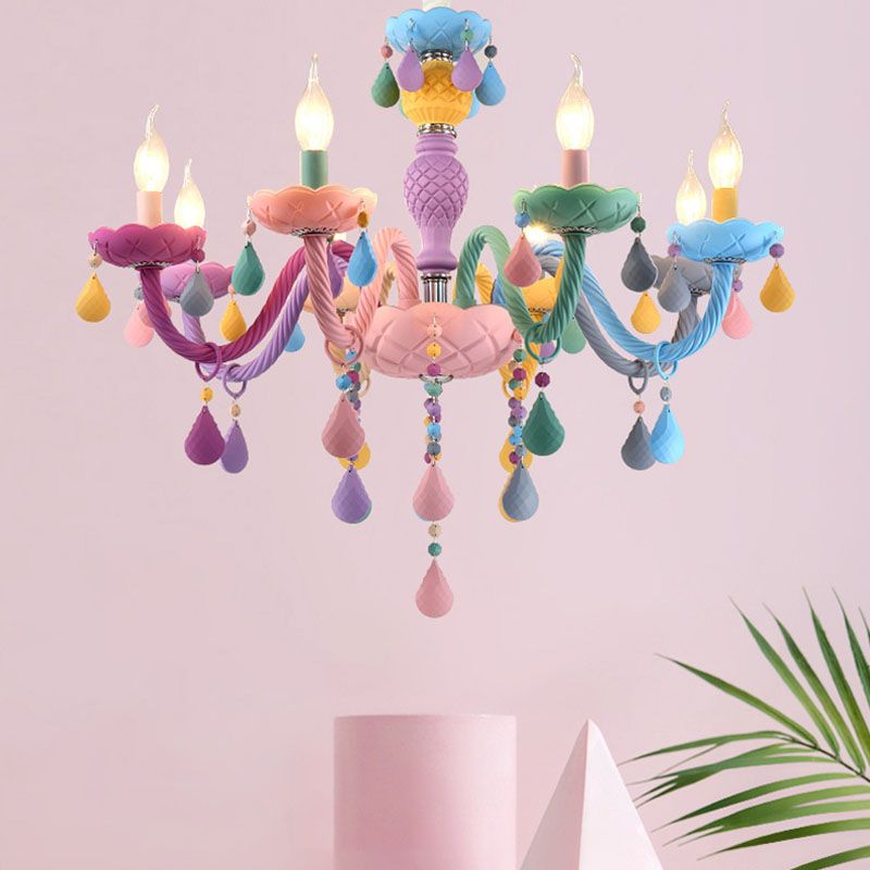 Multi Lights Colorful Hanging Ceiling Lights Modern Style Glass Curved Arms Chandelier