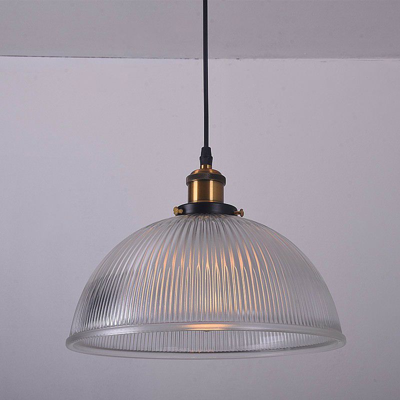 Single Ceiling Light Industrial Dome Clear Ribbed Glass Hanging Pendant Light for Restaurant