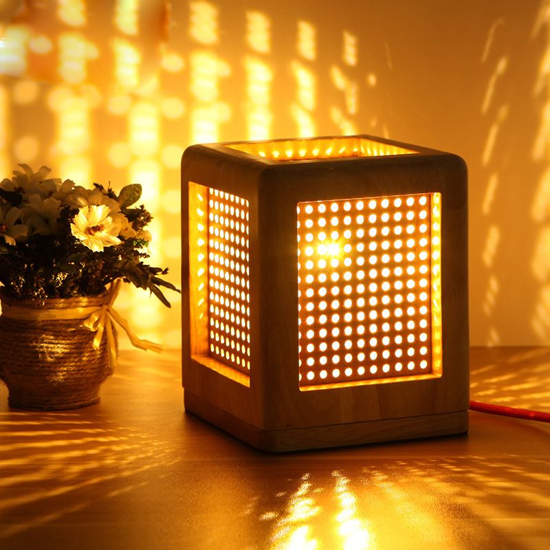 Cube Box Nacht Mini Nacht Lampe Holz 1 Kopf Nordic Tischlicht mit durchbohrtem Loch in Beige