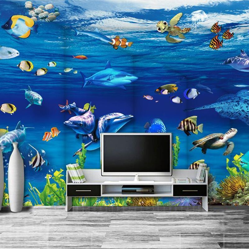 Undersea Animal Wall Mural Decal in Blue, Contemporary Wall Covering for Children's Bedroom