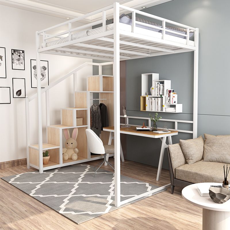 Metal Loft Bed Natural Storage Kids Bed with Guardrails and Shelves