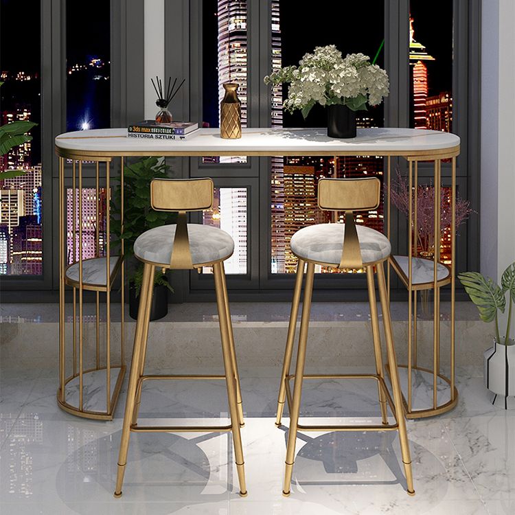 Glam Iron Bar Dining Table Stone Top Oval Indoor Bistro Table with 2-Shelf Fixed Table