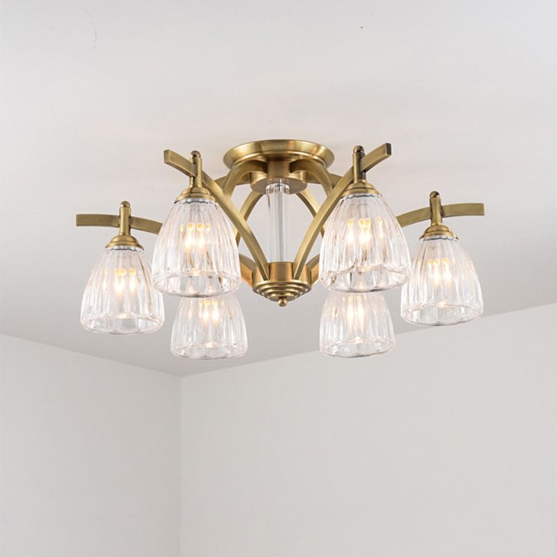 Clear Glass Cone Semi Flush Vintage 6 Bulbs Dining Room Close to Ceiling Lamp in Brass