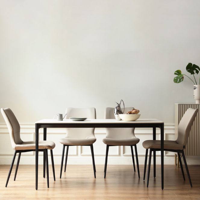 Modern White Rectangular Stone Top Dining Table with 4 Metal Black Legs