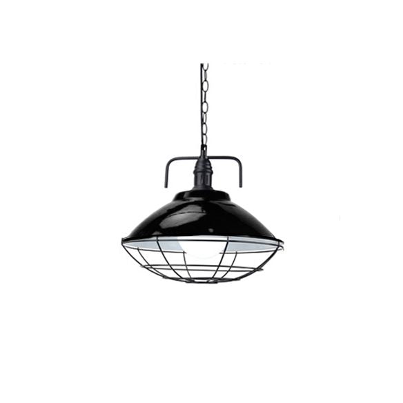 11 "/14" Dia 1 Light Dome Hanging Lampada industriale Servo in metallo nero/blu Accensione con gabbia a filo per interno