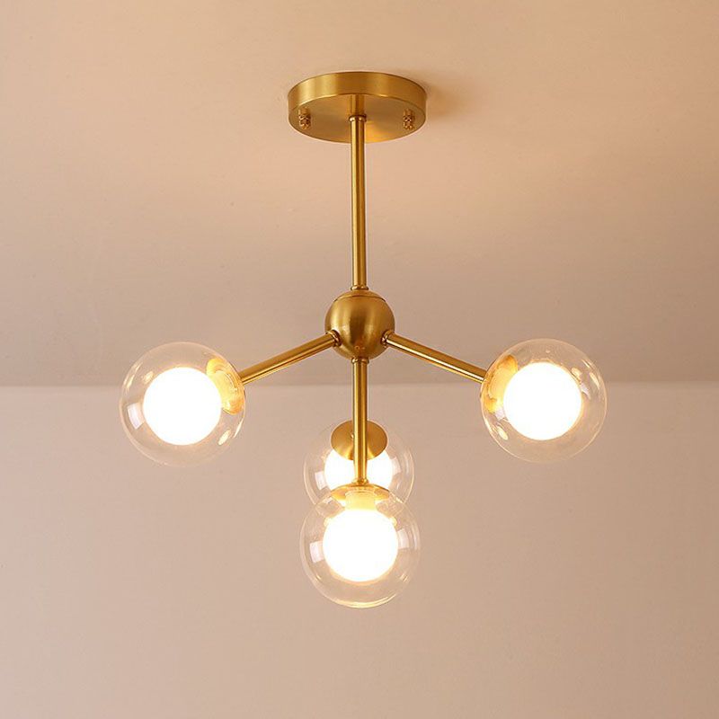 Minimalism Branch Chandelier Metal Dining Room Ceiling Light with Dual Ball Glass Shade in Gold