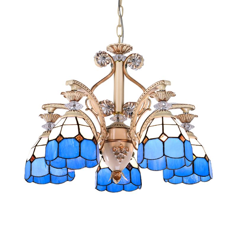 Mediterraner Innenheizlicht mit kuppel schief gefärbter Glas 5 Lichter Kronleuchter in Blau