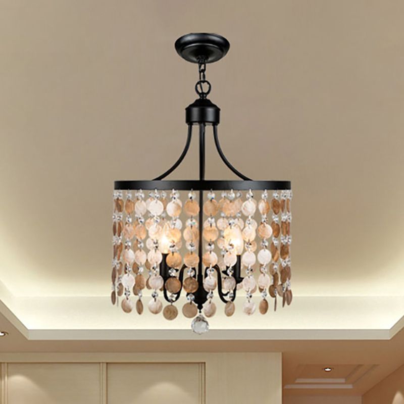 Vintage Style Round Chandelier Light Metal and Shell 4 Lights Suspension Light in Black for Bedroom