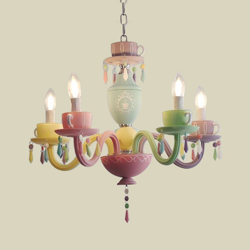 Macaroon Cup Crystal Chandelier 5/6 Lights Pendant Lighting Fixture in Blue-Yellow-Green-Pink