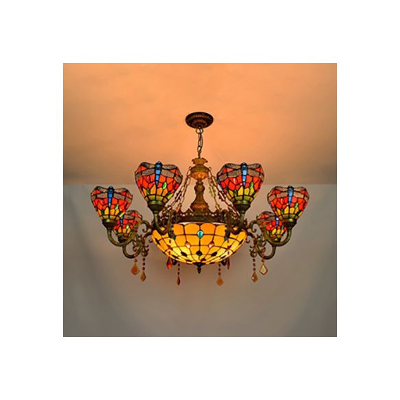 Lustre de la lumière suspendue en forme de bol tachée Rustique 9 lumières lustre avec cristal en multicolore pour chambre à coucher