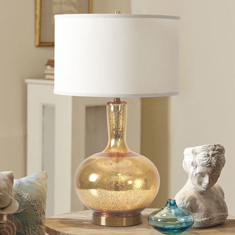 Vase Crackle Glass Night Light Country 1-Head Bedroom Nightstand Lighting in Gold with Cylinder Fabric Shade