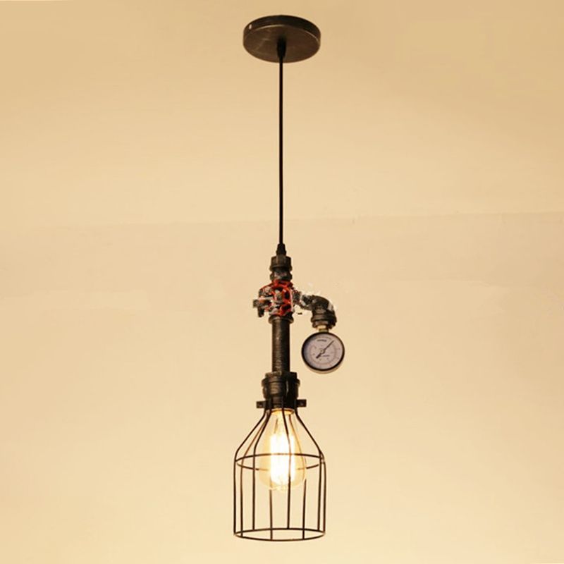 Metal Wire Cage Hanging Light Fixture Industrial Restaurant Ceiling Pendant Light in Black