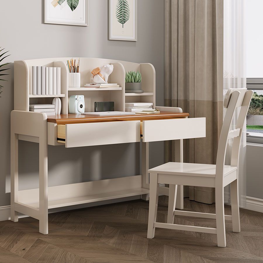 Contemporary White Writing Desk with Brown Top and 2 Drawers