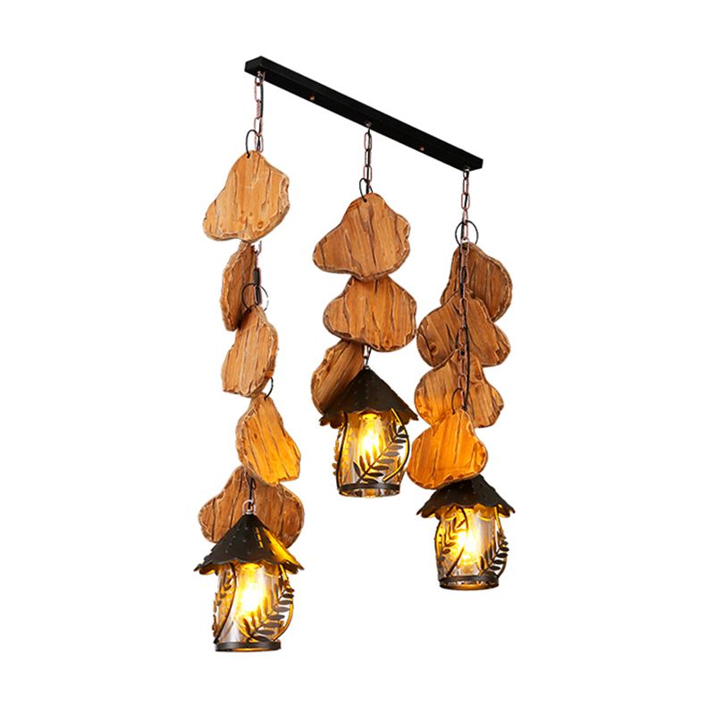 Nautical Lantern Ceiling Chandelier Clear Glass Pendant Light Kit with Leaf Pattern in Wood