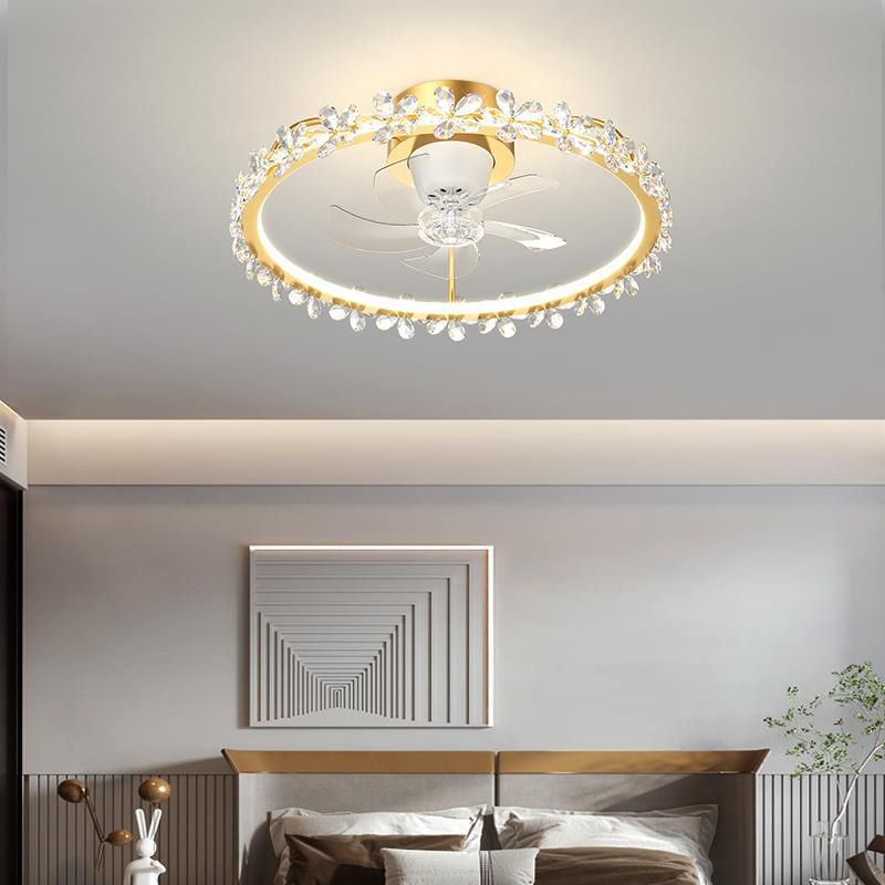 LED Linear Ceiling Fan Light in White & Gold Finish Modern Fan Fixture with Flower Accent