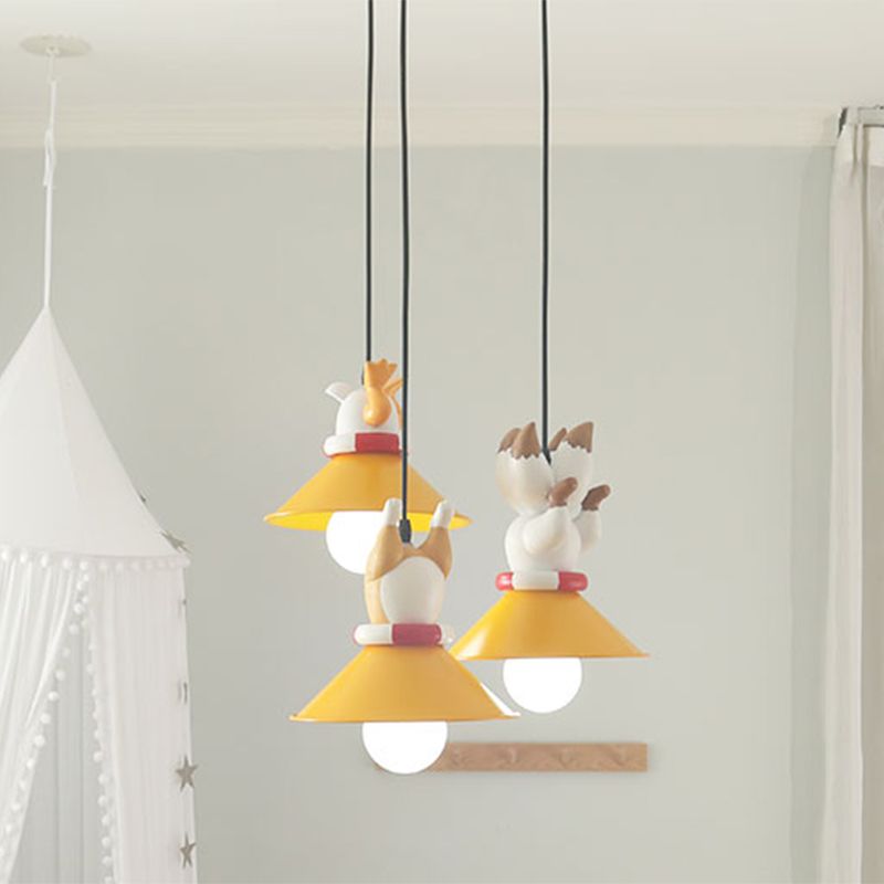 Metal Cone Multi Ceiling Light Cartoon 3 Bulbs Yellow Pendant Light Fixture with Animals Resin Deco