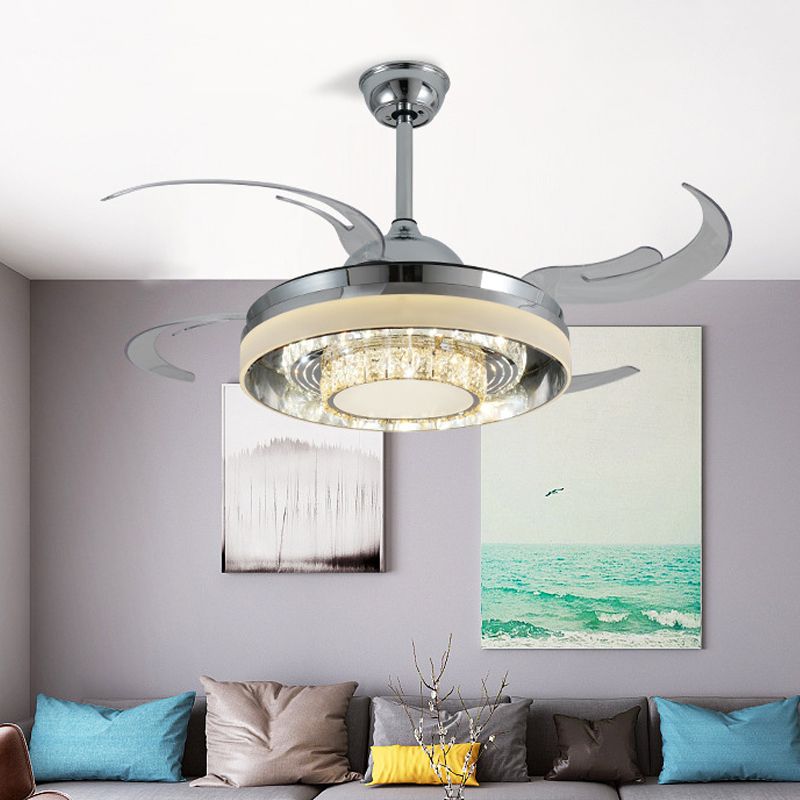 Round Acrylic Hanging Fan Lamp Modernist LED 42" W Living Room Semi Mount Lighting in Silver with Crystal Accent, 4 Clear Blades