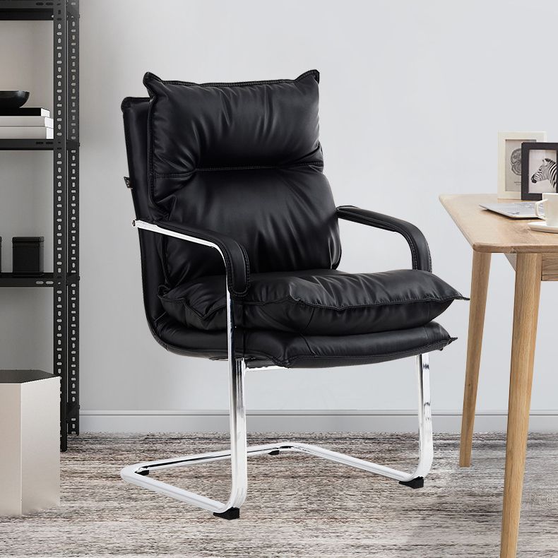 Contemporary Arm Chair Black Leather Fixed Arms Office Chair