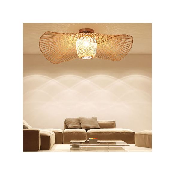 1-Light Bamboo Semi Flush Mount in Asian Creative Style Wrought Iron Sputnik Ceiling Light for Dining Room