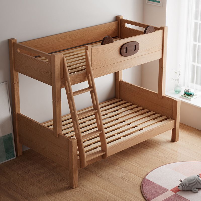 Scandinavian Solid Wood Bunk Bed Panel Brown Beech Kids Bed with Guardrail