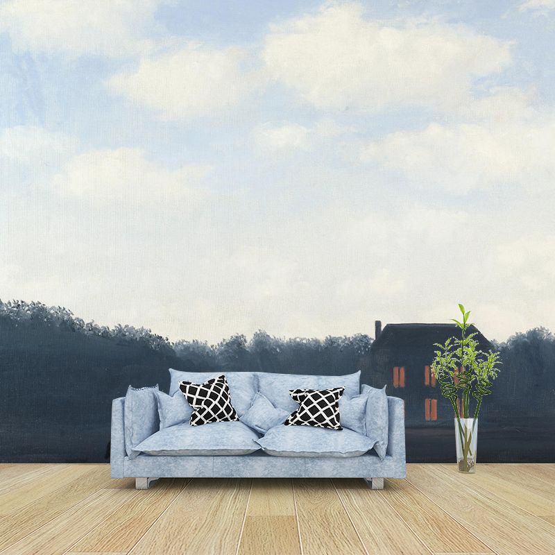 Landscape with Rider Painting Murals Blue-White Surrealistic Wall Art for Living Room