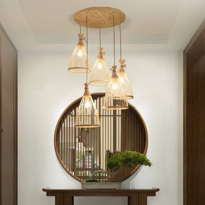 Chinese Conical Pendant Lighting Fixtures Rattan Hanging Light with Hanging Cord for Restaurant