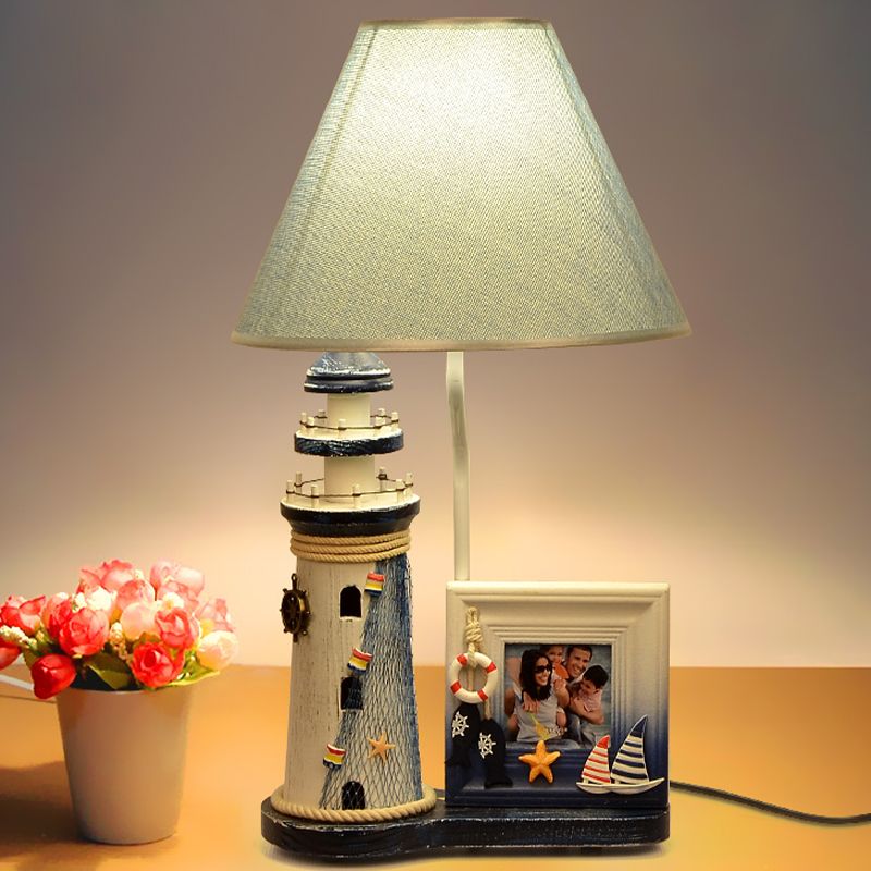 Lighthouse Wood Night Lamp Kids 1 Bulb Blue Table Light with Fabric Shade and Photo Frame