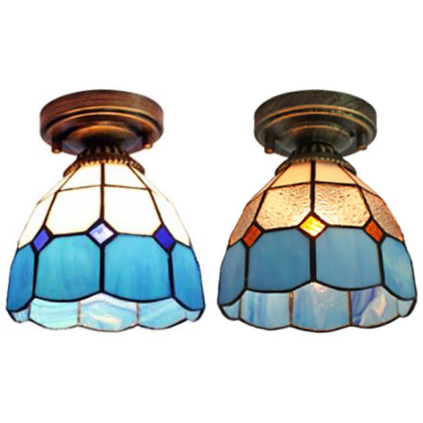 Stained Glass Dome Flush Light  with Triangle/Blue Square/Blue Leaf/Square/Blue Diamond/Diamond Parrern 1 Light Mediterranean Flushmount in Brass Finish